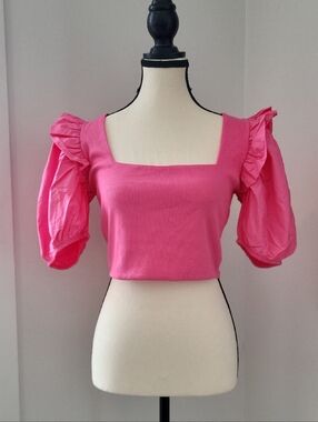 Zara Hot Pink Square-Neck Puff Sleeve Crop Top